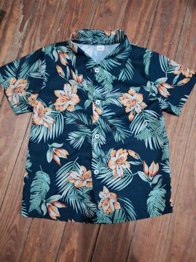 Tropical Floral Button-Up Shirt — Navy with Orange & Green